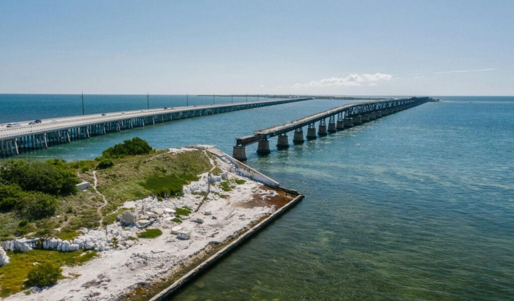 Two parallel bridges stretch across turquoise waters in the Florida Keys, with ruins and greenery on a nearby island.