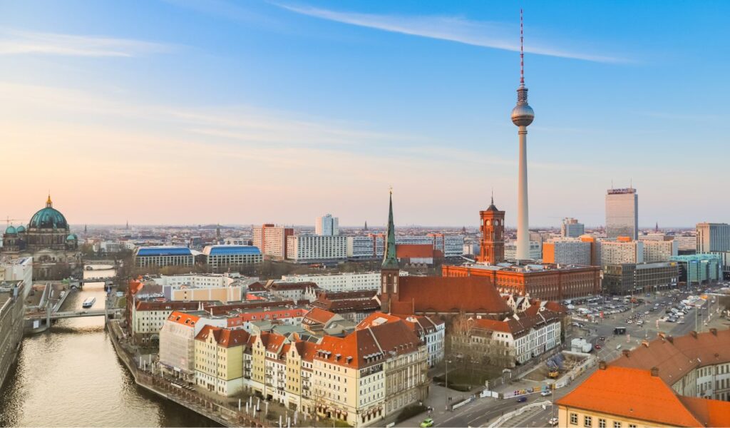 Berlin skyline with TV Tower and historic buildings at sunset, Germany