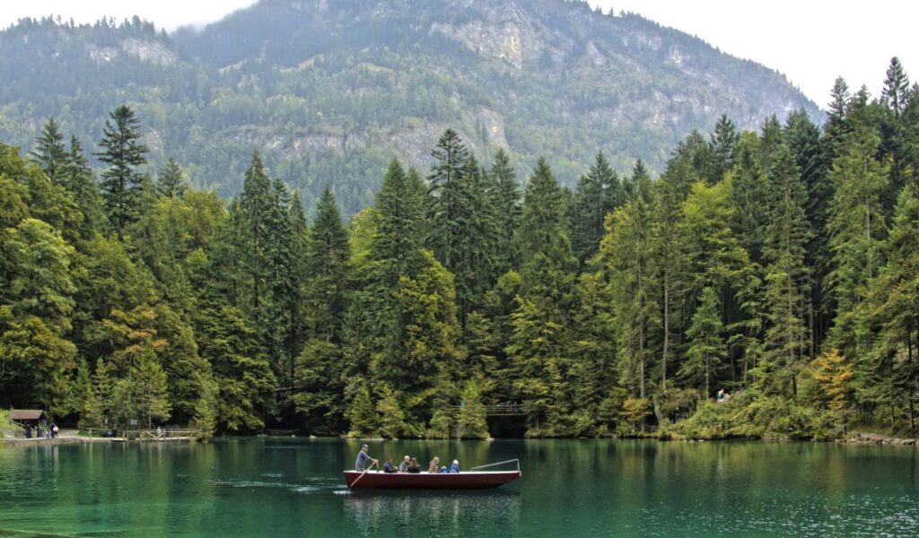 People boating on Lake Blausee in Switzerland, surrounded by dense alpine forest and mountain backdrop.