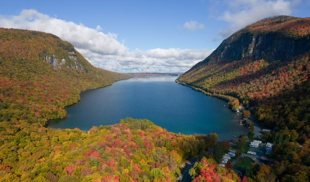 Aerial view of Lake Willoughby surrounded by autumn trees, Vermont.