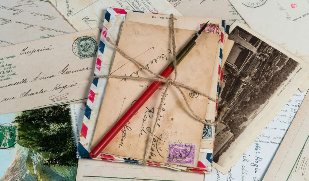 A bundle of vintage postcards and handwritten letters tied with string, topped with a red dip pen, evoking traditional travel communication.