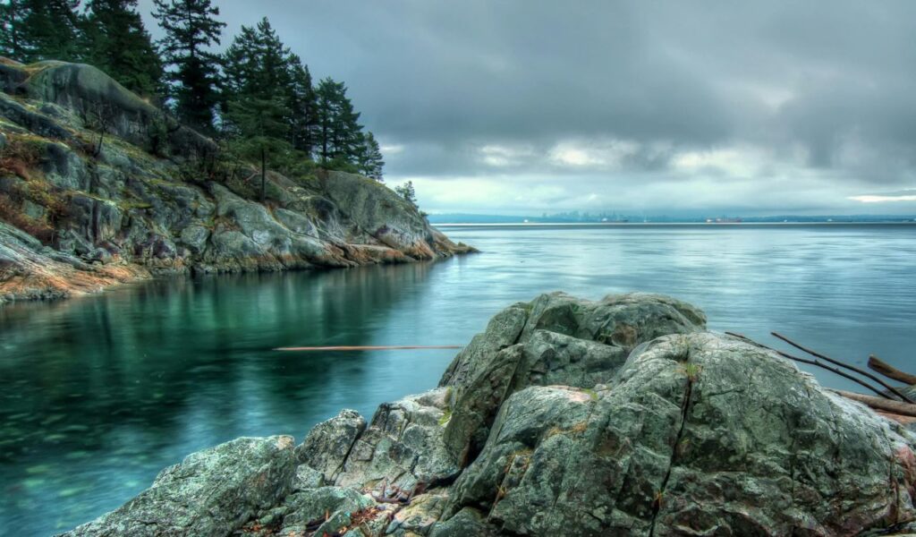 Rocky shoreline with evergreen trees and calm, misty waters under a moody sky, distant city skyline barely visible on the horizon.