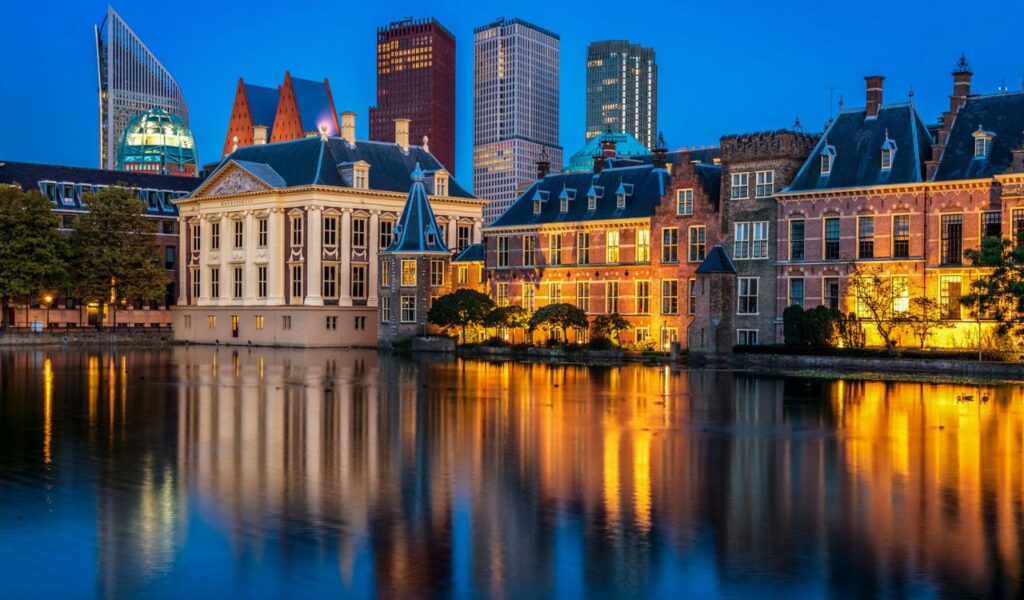 Binnenhof and skyline at dusk in The Hague, Netherland