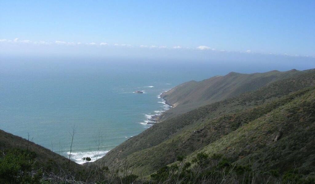 Steep coastal hills overlooking the ocean at Point Sal State Beach in Santa Barbara County.