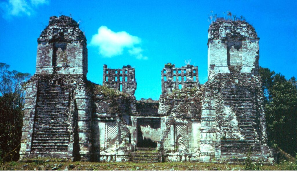 This is an image of the Tikal Ruins, an ancient Maya city located in the Guatemalan rainforest, known for its towering pyramids and rich archaeological significance.