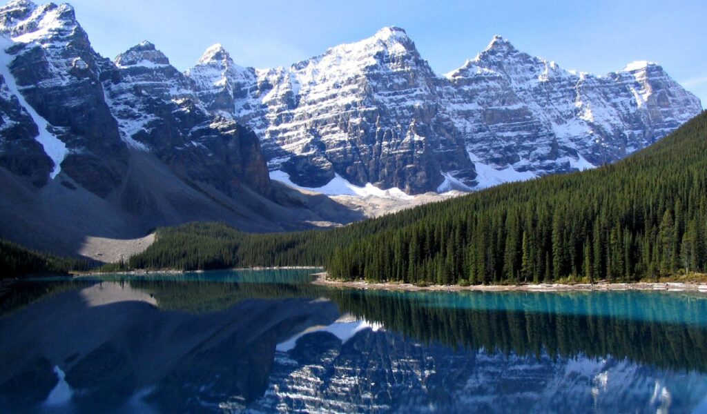 Snow-capped peaks reflected in a lake at Rocky Mountain National Park, Colorado.