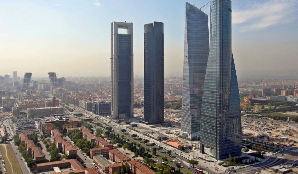 Modern skyscrapers in Madrid’s Cuatro Torres Business Area, Spain