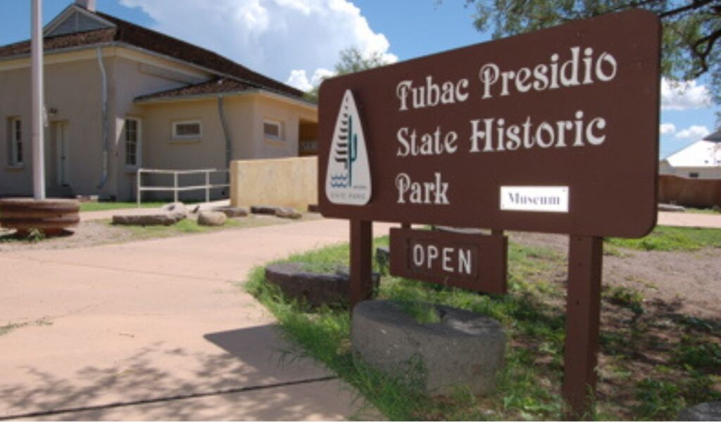 Entrance sign for Tubac Presidio State Historic Park in Arizona.
