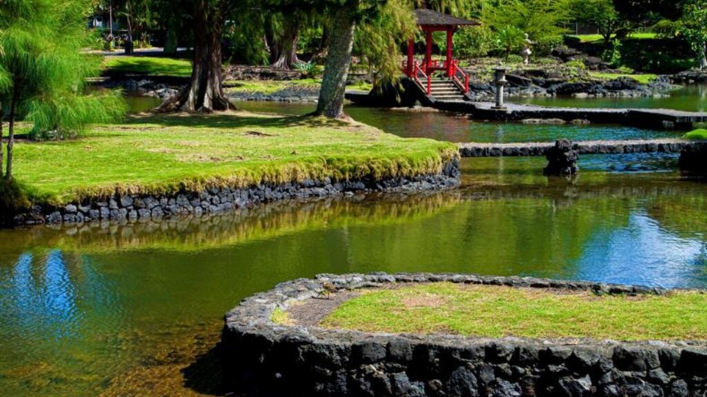 Footbridges Cross Waihonu Pond at The Edo Style Japanese Gardens of Liliuokalani Park and Gardens on The Waiakea Peninsula Neat Downtown Hilo, Hawaii, USA 
