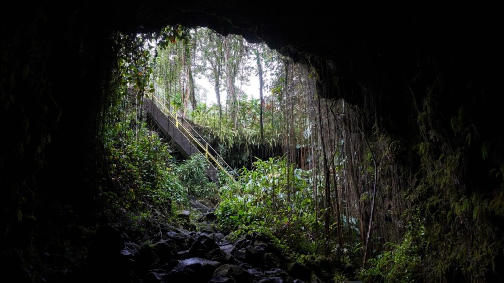 Entrance of Kaumana Caves, a massive 1881 lava tube cave formed by Mauna Loa on the Island of Hawai'i.