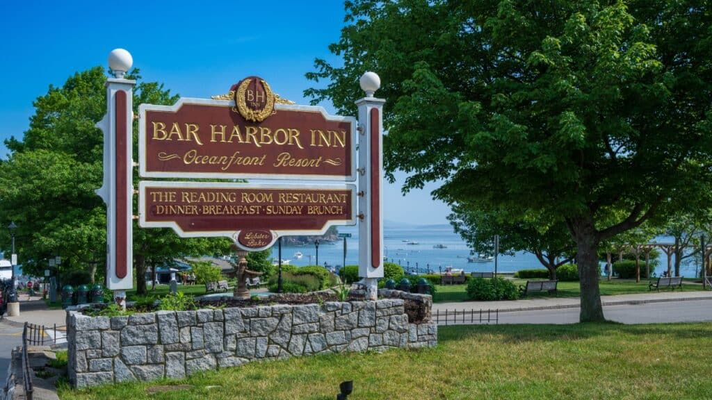 Bar Harbor, Maine, United States - June 18, 2024: Entrance Sign of Bar Harbor Inn with Copy-Space