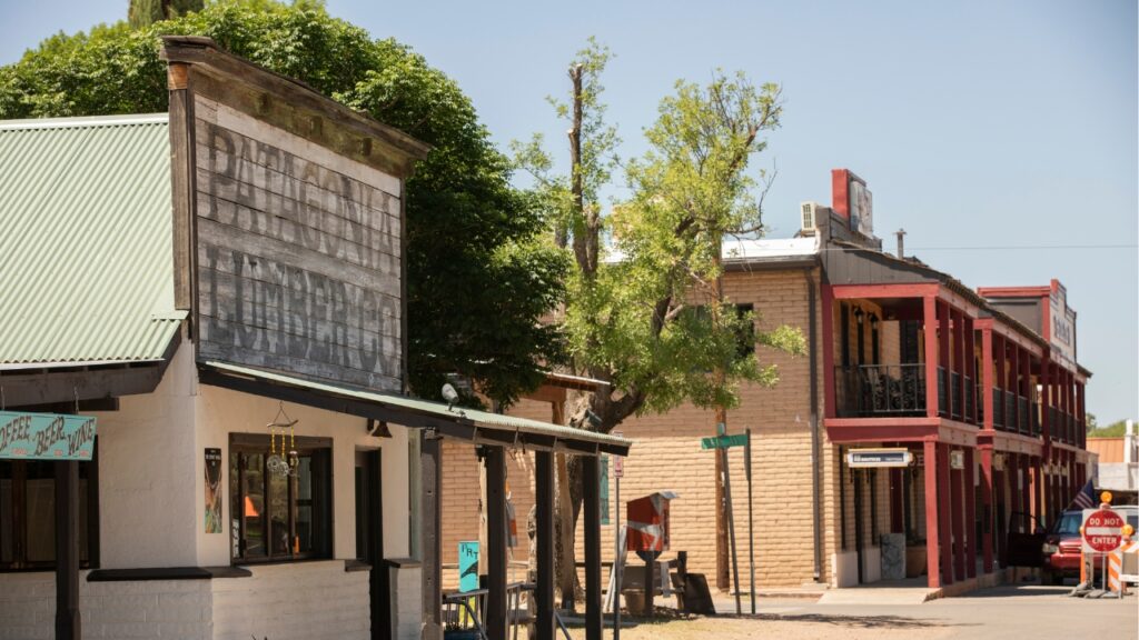 Patagonia, Arizona, USA - May 30, 2022: Afternoon sunlight shines on the historic downtown core of Patagonia