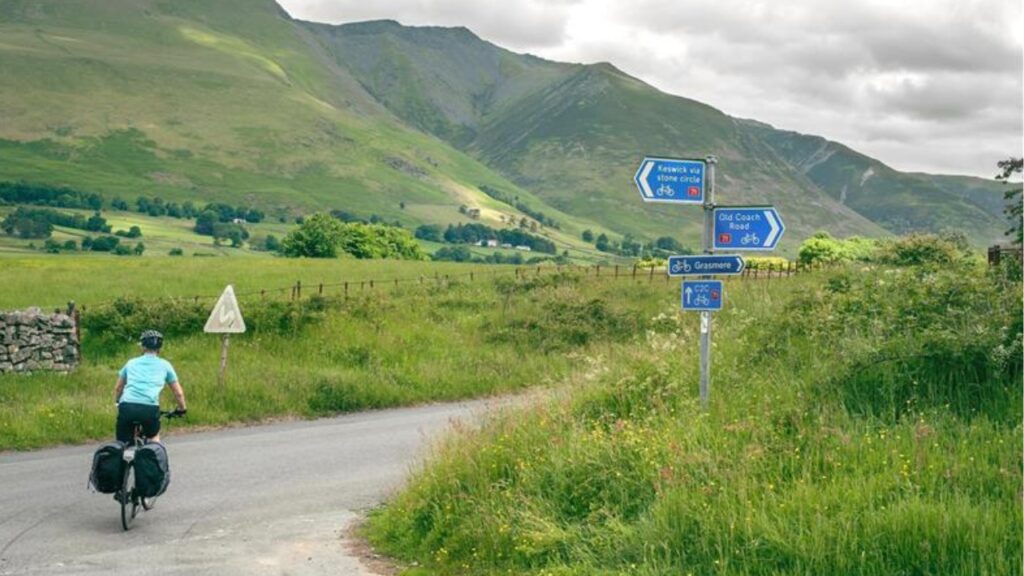 Lone cyclist riding the Coast to Coast (C2C) cycle route through