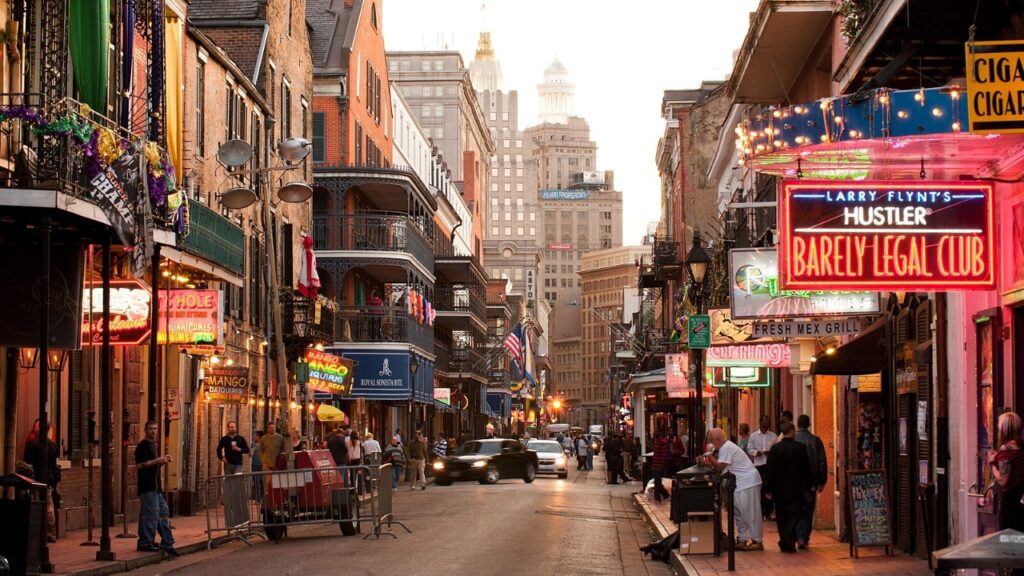 Looking up Bourbon Street toward the New Orleans Central Business District