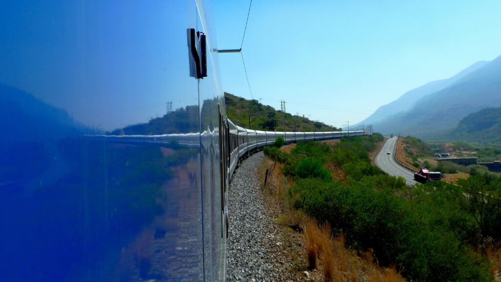 The famous luxury Blue Train snaking through the Karoo in South Africa, from Pretoria to Cape Town