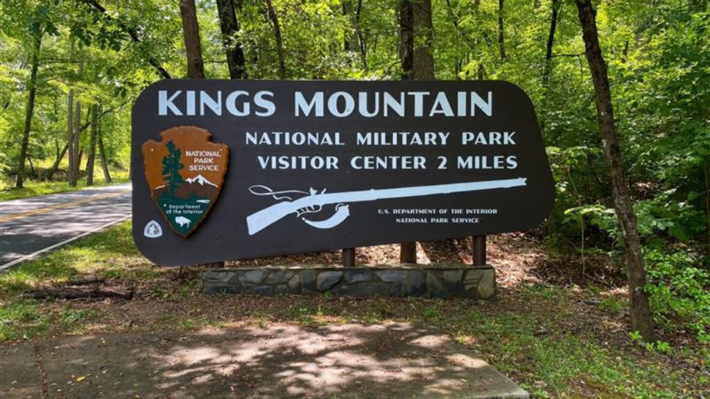 Blacksburg, South Carolina, USA -2022: Kings Mountain National Military Park entrance. National Park Service sign. Park commemorates Battle of Kings Mountain, a pivotal battle in the Revolutionary War