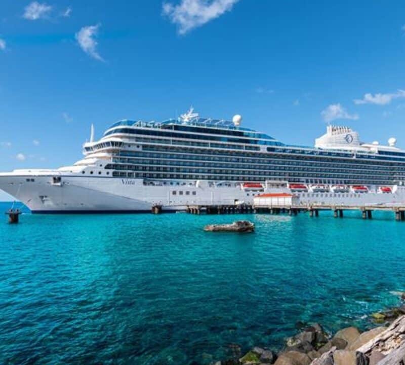 Roseau, Dominica - November 24, 2023: Side view of beautiful cruise ship Oceania Cruises Vista in port of Roseau, Dominica