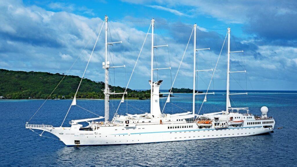 Bora Bora, French Polynesia - November 7 2023: the cruise ship Wind Spirit is at anchor off Bora Bora.
