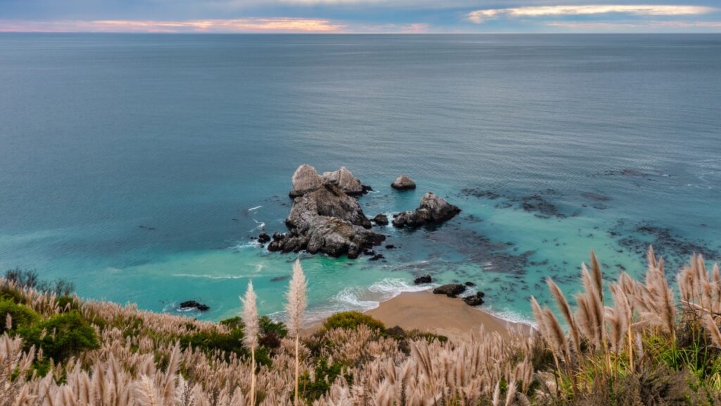 Highway 1 and Big Sur along the Pacific Ocean coast, beautiful landscape and aerial view, sunset, sunrise, fog. Concept, travel, vacation, weekend