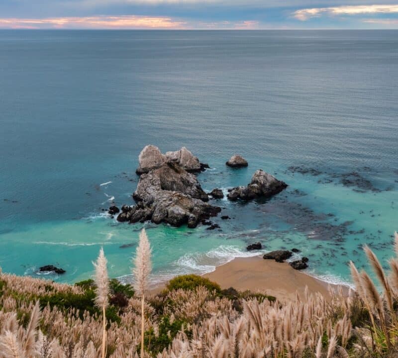 Highway 1 and Big Sur along the Pacific Ocean coast, beautiful landscape and aerial view, sunset, sunrise, fog. Concept, travel, vacation, weekend