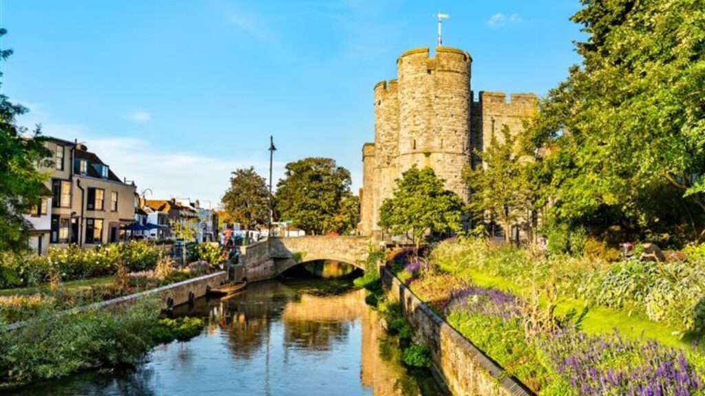 Westgate at the Great Stour River in the old town of Canterbury, England 