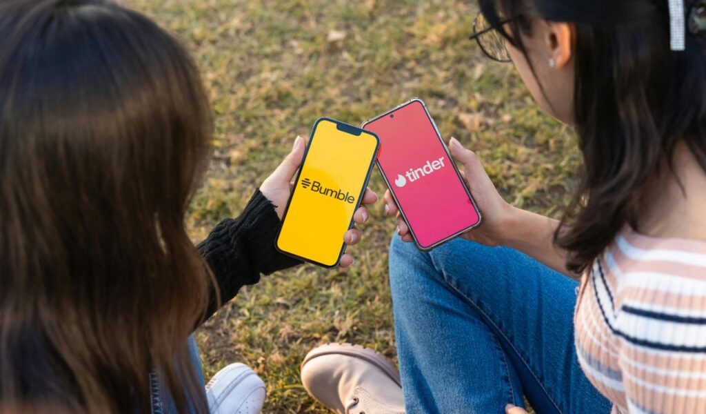 Two women sitting outdoors on grass, each holding a smartphone displaying the Bumble and Tinder dating app screens.