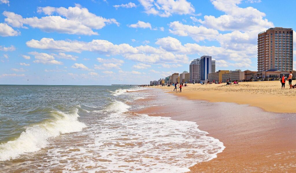 Sun-soaked shoreline, gentle waves, and a skyline of beachfront hotels—Virginia Beach at its vibrant best.