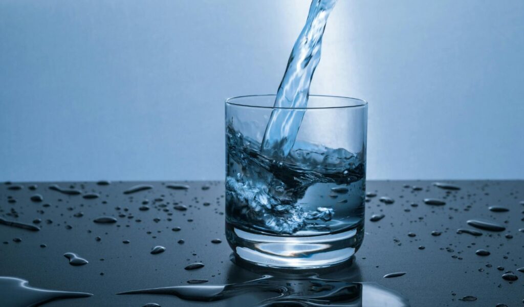 Clear water being poured into a glass, creating ripples, with droplets on the surface