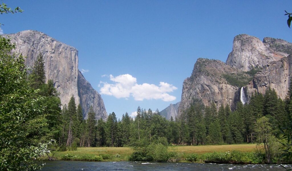 El Capitan and Bridalveil Fall in Yosemite National Park, California.