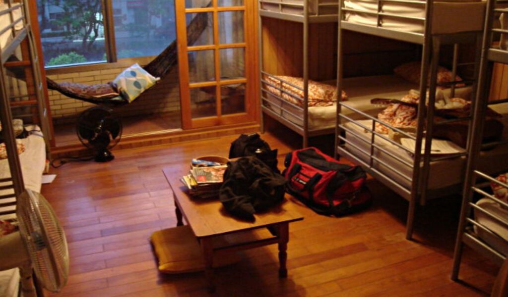 Shared hostel room with bunk beds, duffel bags, and scattered travel gear, capturing a typical budget travel setup.