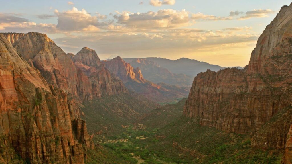 Zion Canyon at sunset in Zion National Park