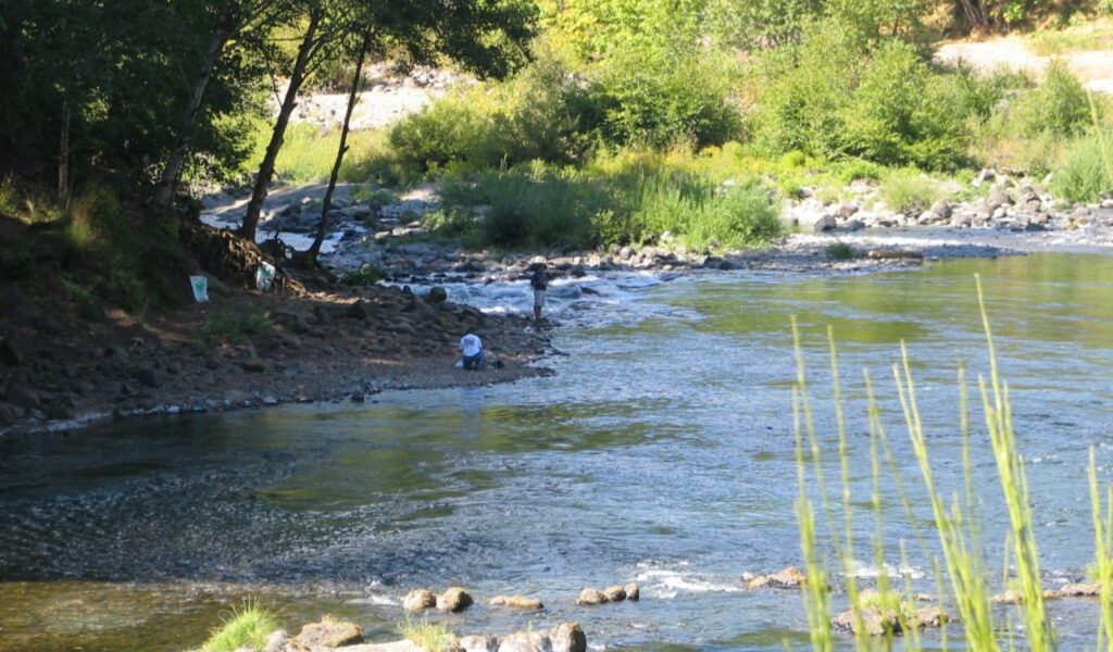 Two people fishing along the rocky banks of a calm river surrounded by trees and greenery in a peaceful outdoor setting.