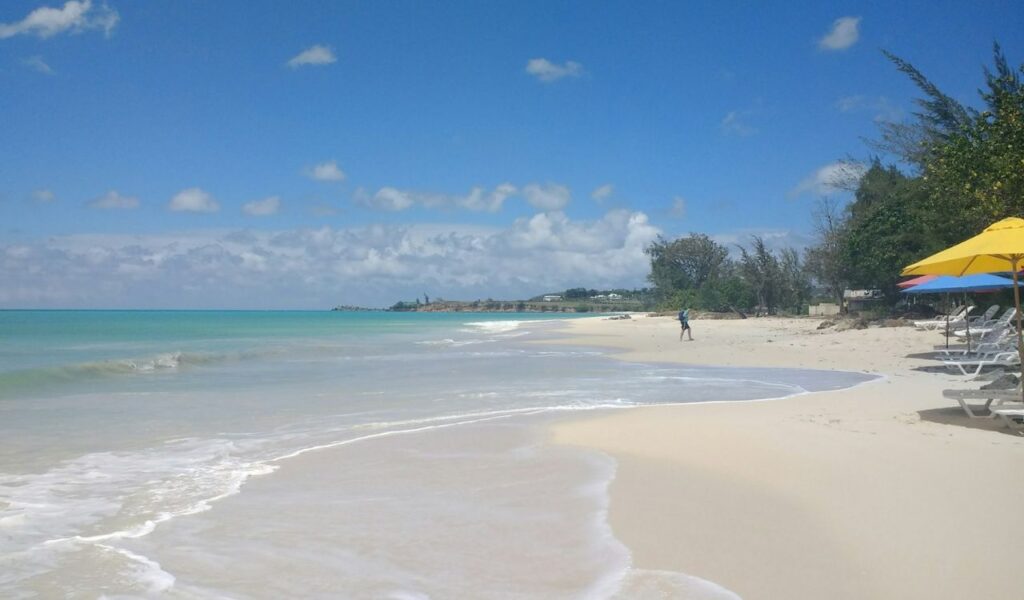 Peaceful beach in Barbuda with soft white sand, turquoise water, lounge chairs, and colorful umbrellas under blue skies.