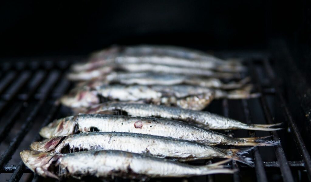 Fresh fish grilling on an open flame at Bonefish Grill, showcasing a row of whole fish being cooked over a barbecue grate.