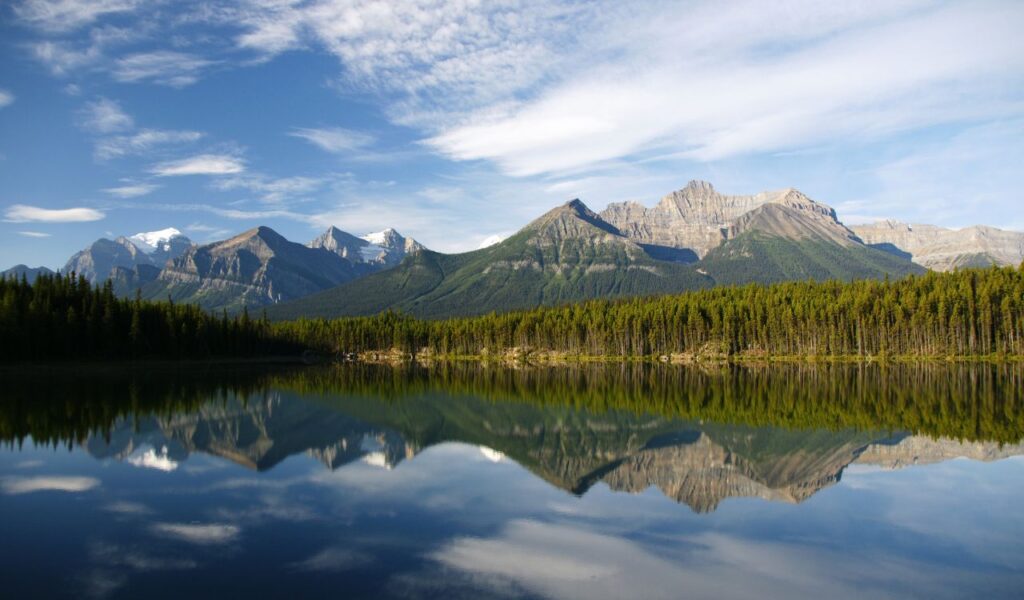 Scenic view of the Canadian Rockies with lush forests and a calm lake reflecting the majestic mountains under a clear sky.