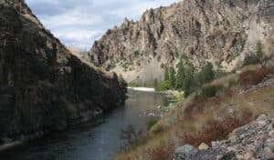 River flowing through rocky canyon near Challis Hot Springs in Idaho.