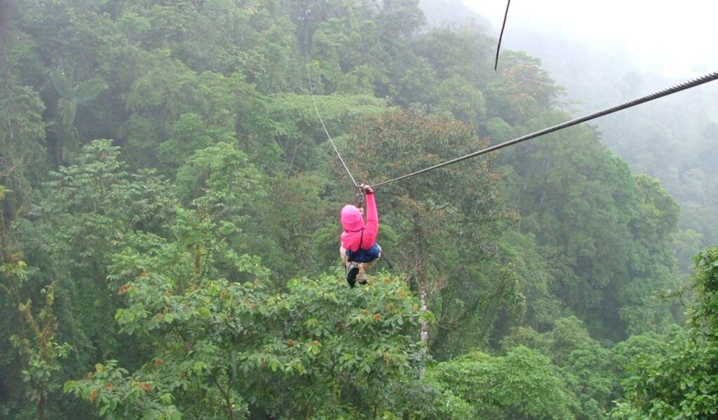Person ziplining through Costa Rica rainforest canopy on a foggy day.