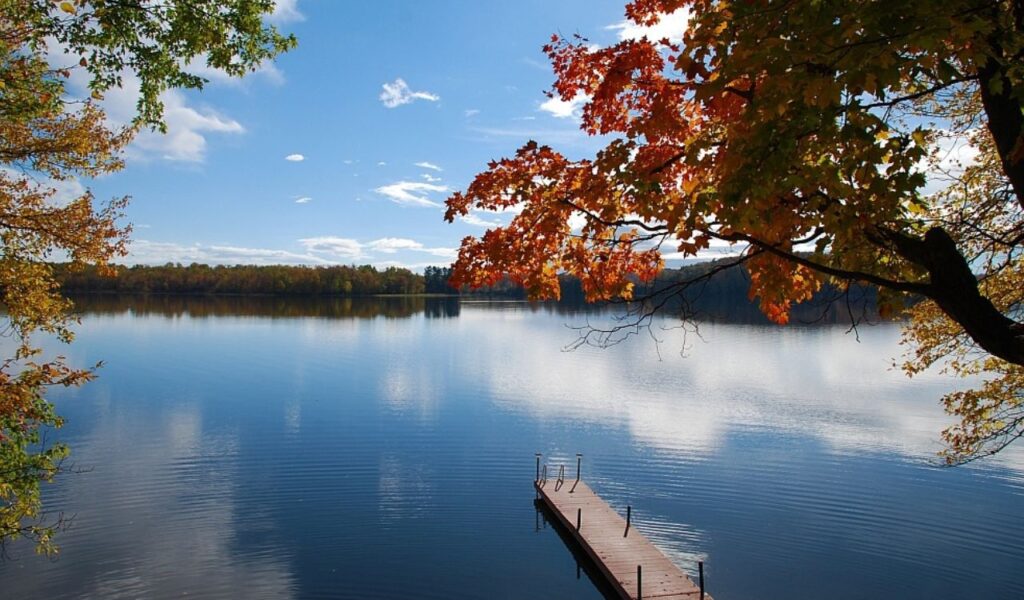 A peaceful lakeside scene in Ontario’s cottage country, with a wooden dock extending into calm blue water and colorful autumn leaves framing the view.
