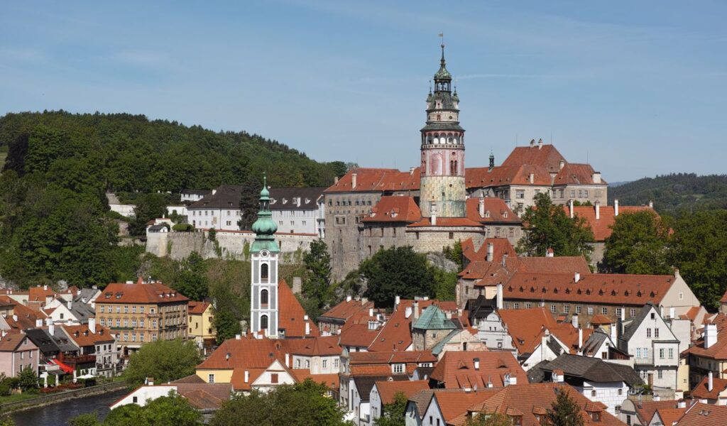 Ceský Krumlov Castle and old town rooftops in Czechia