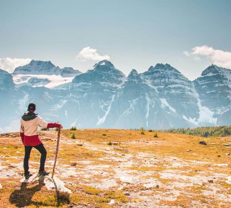 A hiker standing on a grassy plateau with a walking stick, looking at a range of snow-capped mountains under a clear blue sky in the Bavarian Alps.