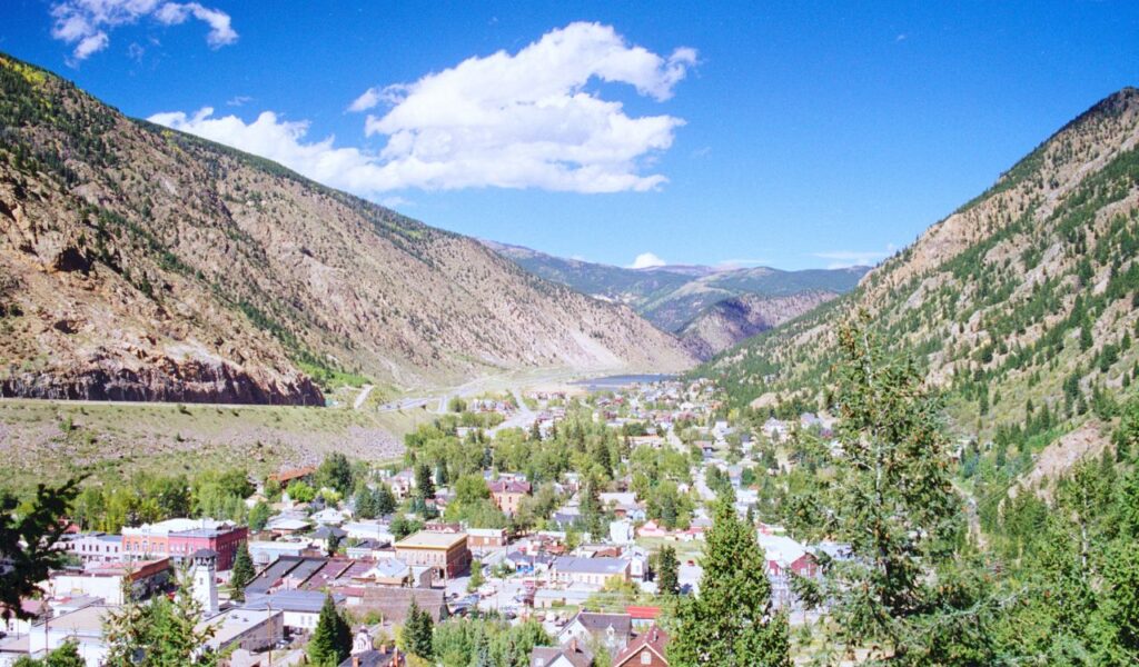 Mountain town nestled in a valley along the scenic Guanella Pass in Colorado.