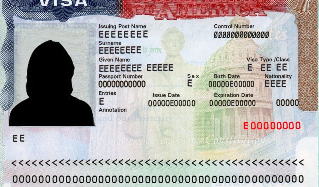 Close-up of a U.S. visa document with personal information and a blank photo section.