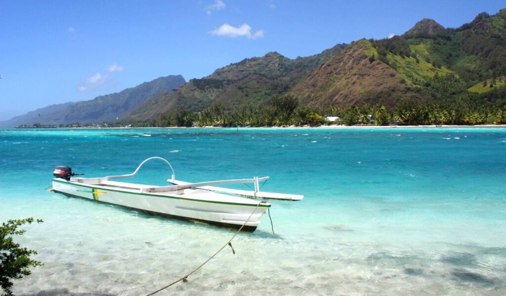 A white boat floats in Moorea's turquoise lagoon with lush green mountains and palm-lined shores in the background.
