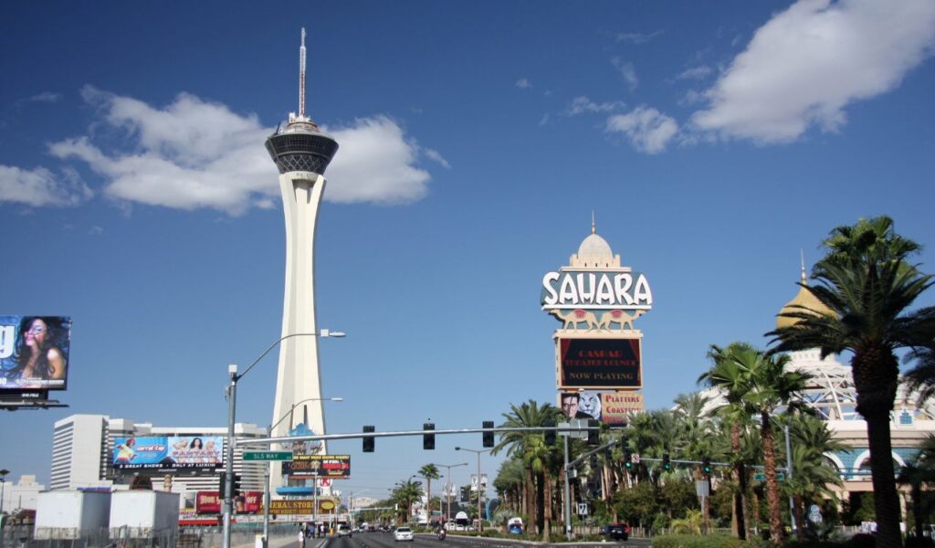Stratosphere Tower and Sahara Hotel in Las Vegas on a sunny day.