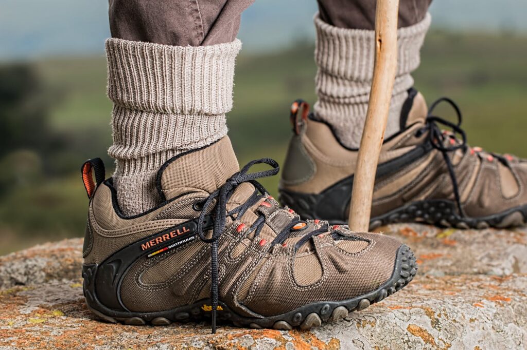 Hiking boots volcanic rock