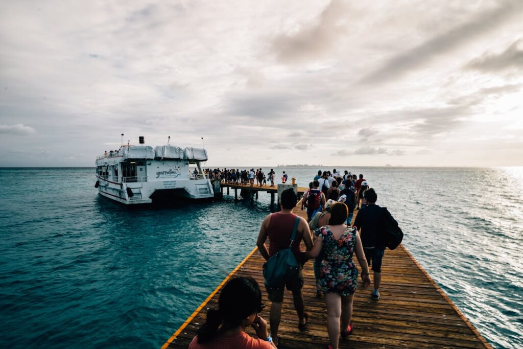 family boarding ferry