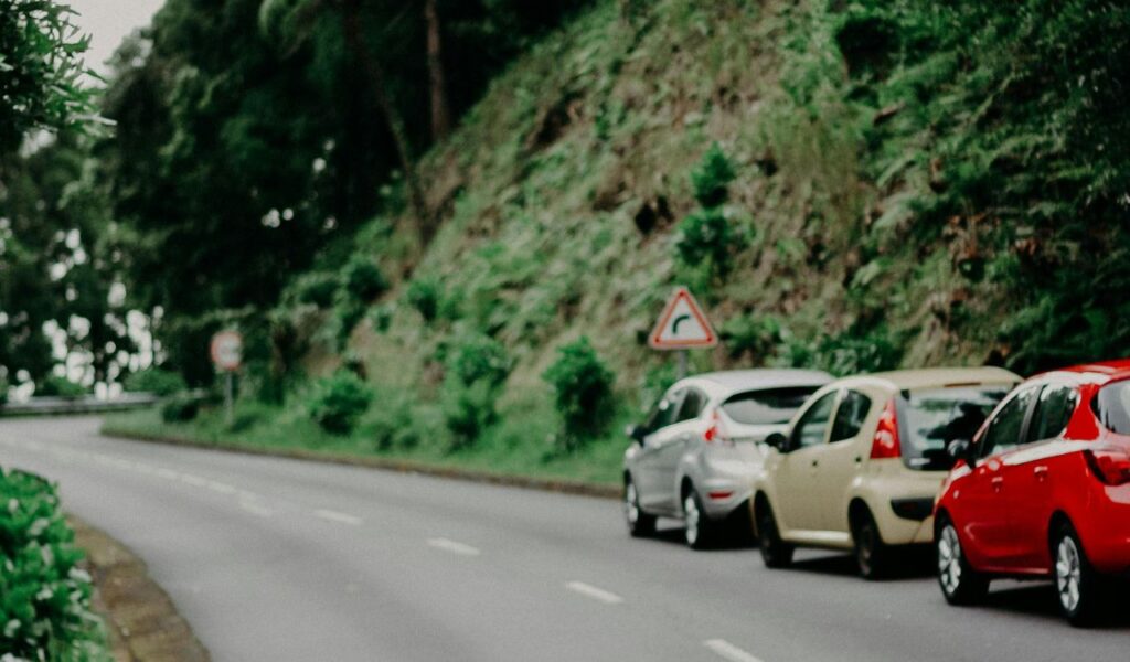 Cars parked along a winding forest road with lush greenery and a road curve warning sign visible