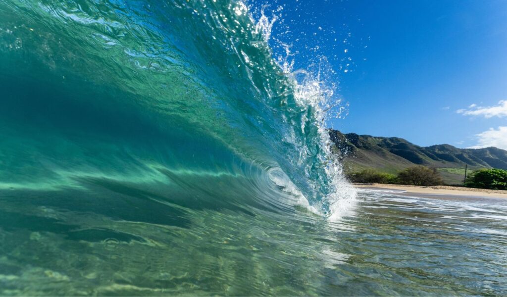A crystal-clear wave curls near the shore on a sunny day, with mountains and trees lining the beach in the background.
