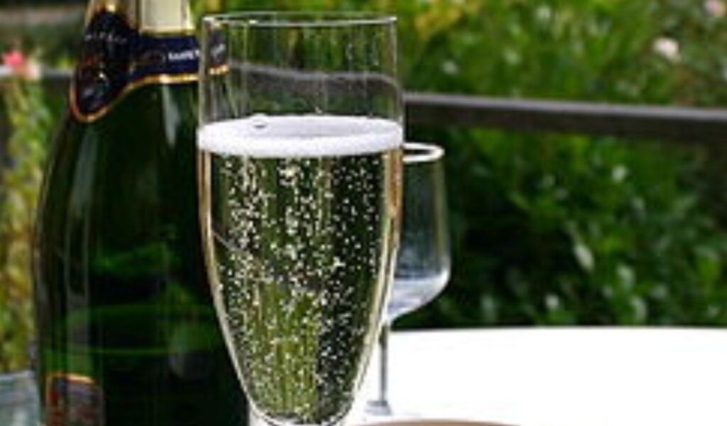 Glass of sparkling champagne with bubbles, bottle in the background, set outdoors with greenery.