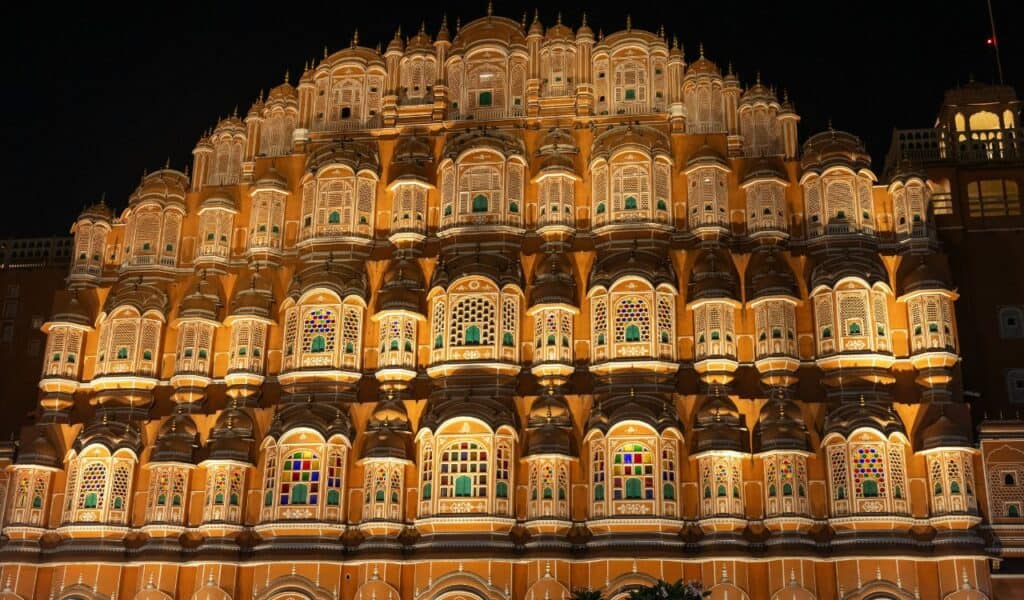 Illuminated night view of the Hawa Mahal in Jaipur, India, showcasing its intricate lattice windows, arched balconies, and vibrant architectural details in warm sandstone tones.